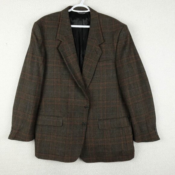 Vintage Blazer Mens 46R Brown Red Glen Check Alpaca Wool Two Button Business - Picture 1 of 15